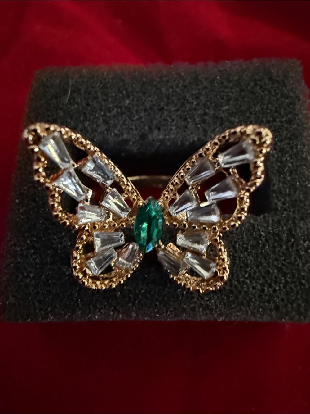 Gold Tone Butterfly Ring, Emerald Green Center, Clear beads, SZ 6.5 & 8.5, (J296